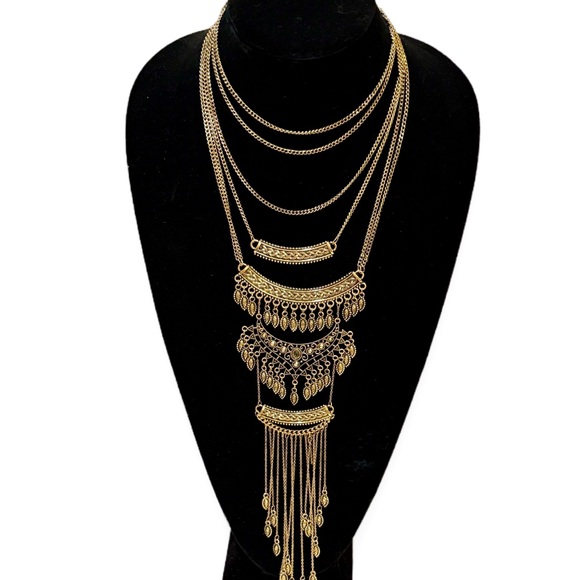 FREE PEOPLE | Multi-Layer Boho ‘Rapture’ Gold-Tone Bib Statement Necklace | NWT - Picture 6 of 9